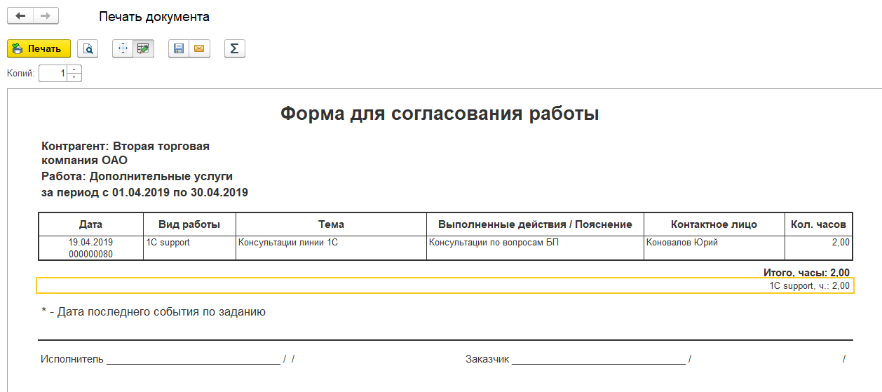 Пример печатной формы расшифровки по работе