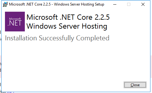 Информационное окно об успешной установке .NET Core 2.2.5 WSH